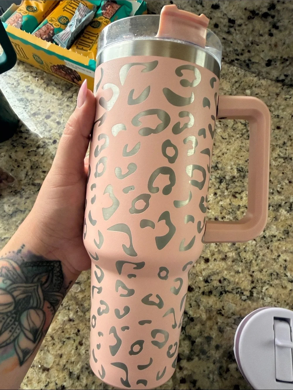 Pink Leopard Print Travel Tumbler with Handle